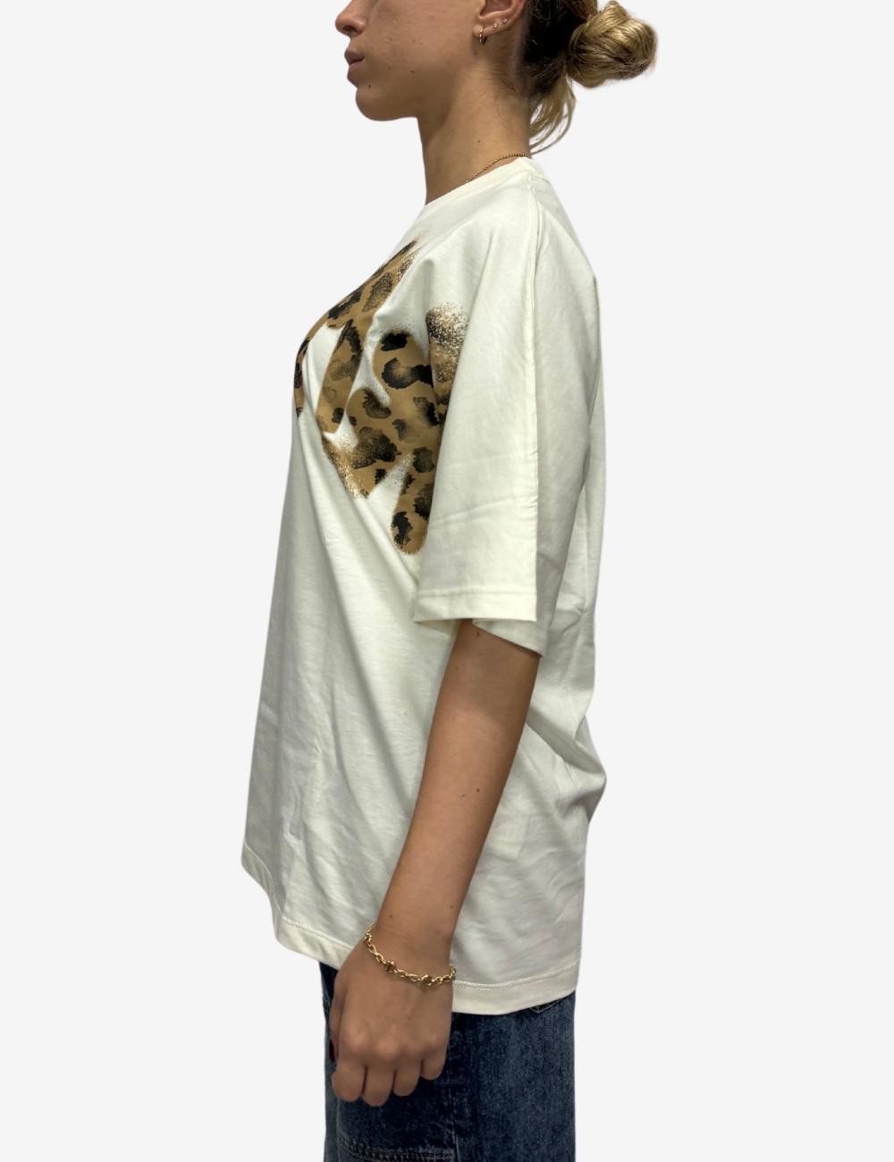 T-Shirt Disclaimer girocollo con logo leopardato donna