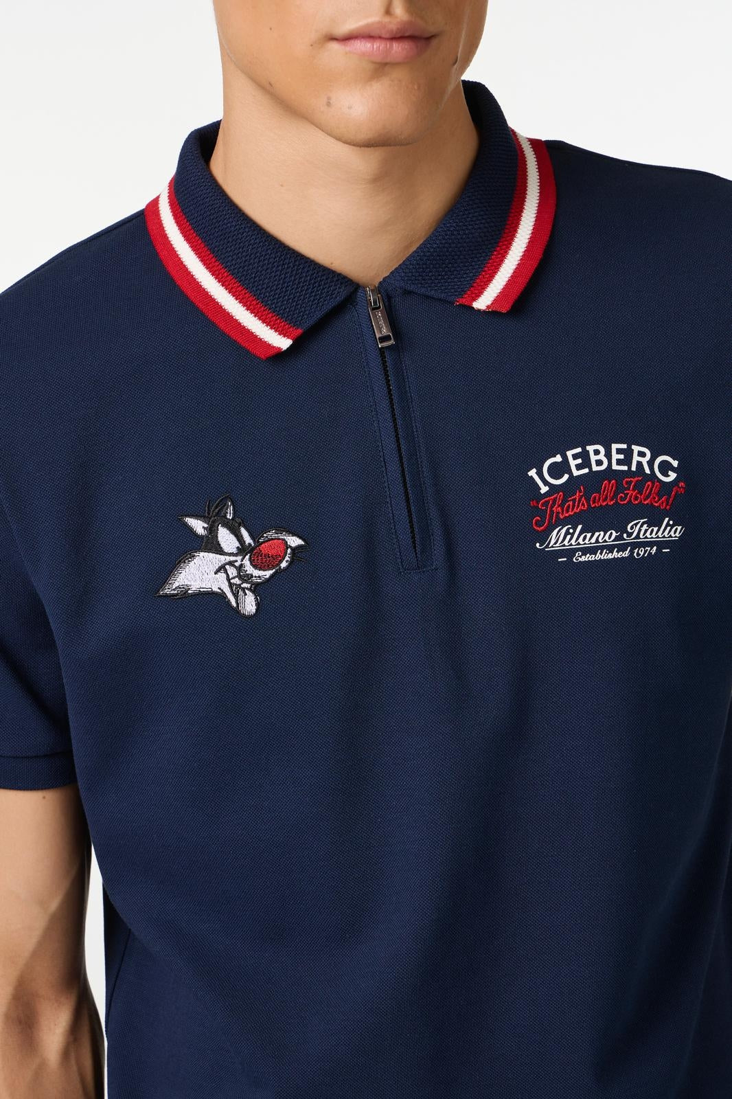 Polo Iceberg mezza zip in piquet con ricamo cartoon uomo