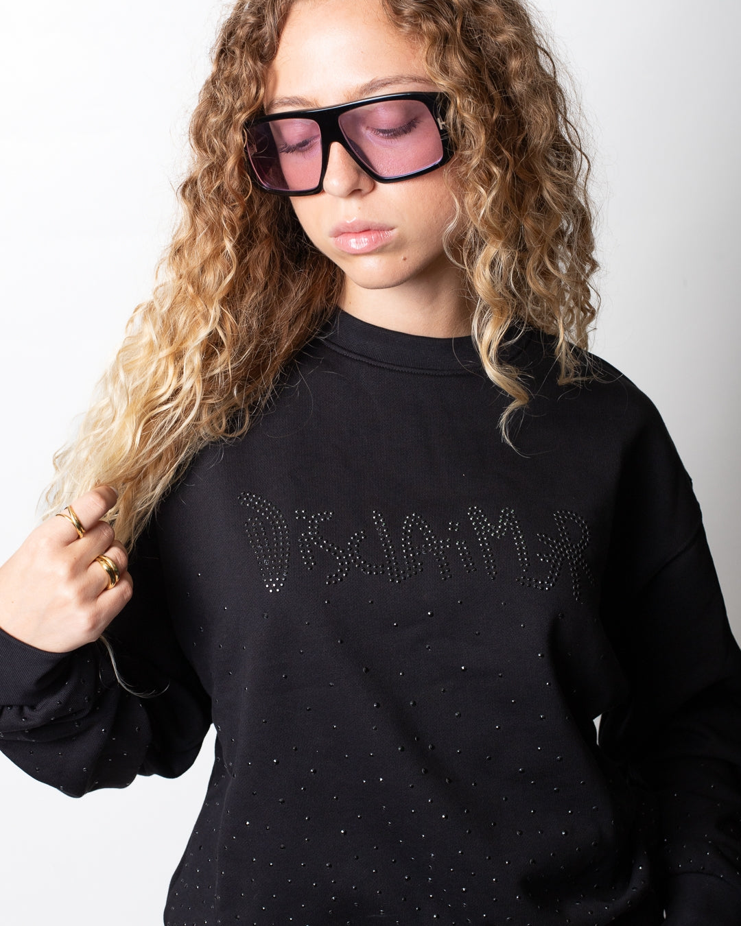 Felpa Disclaimer girocollo con logo e strass donna