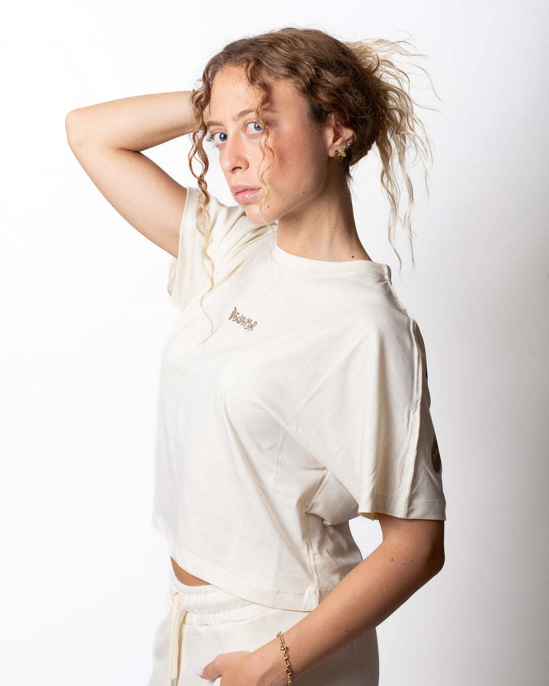 T-Shirt Disclaimer cropped con logo maculato donna