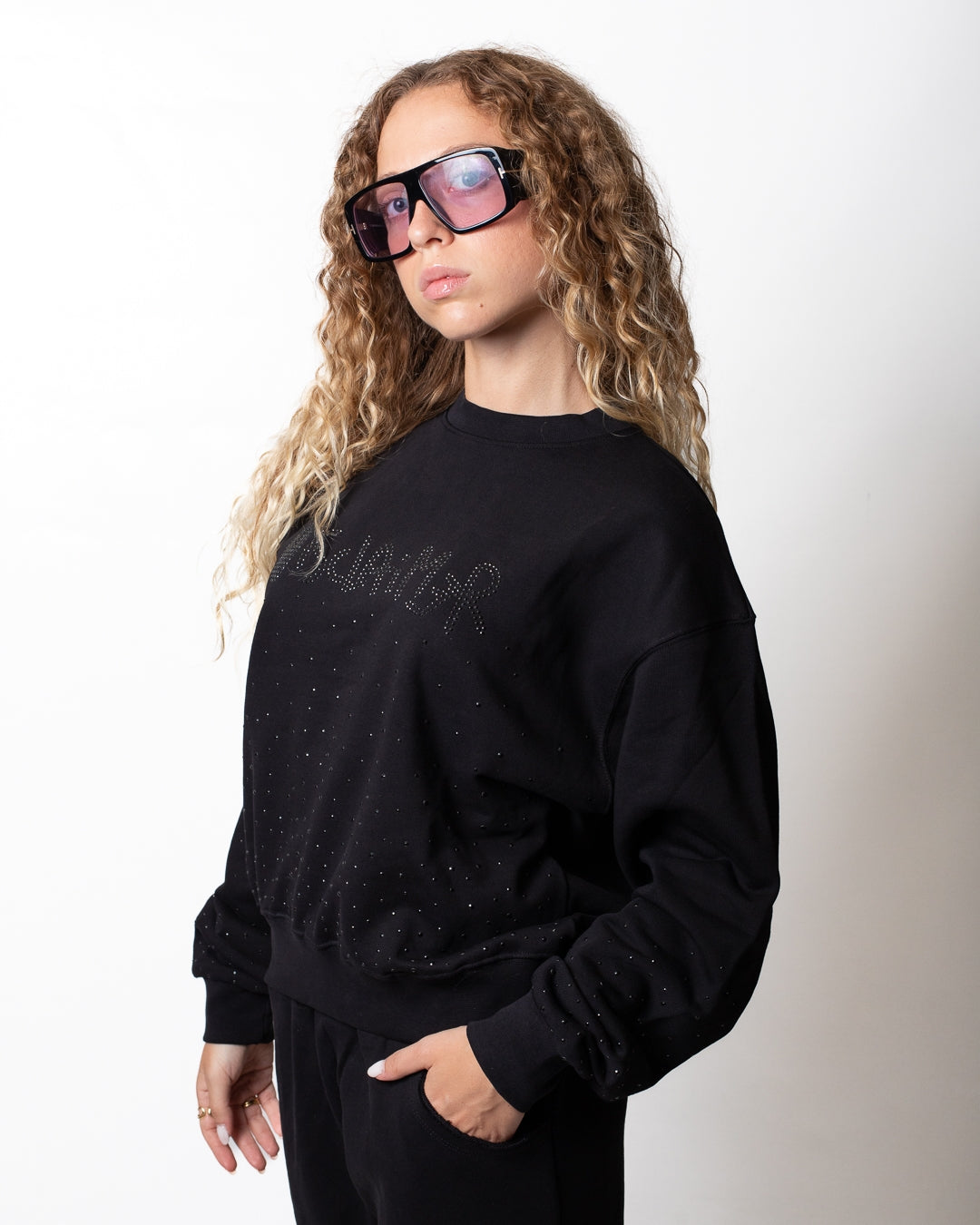 Felpa Disclaimer girocollo con logo e strass donna