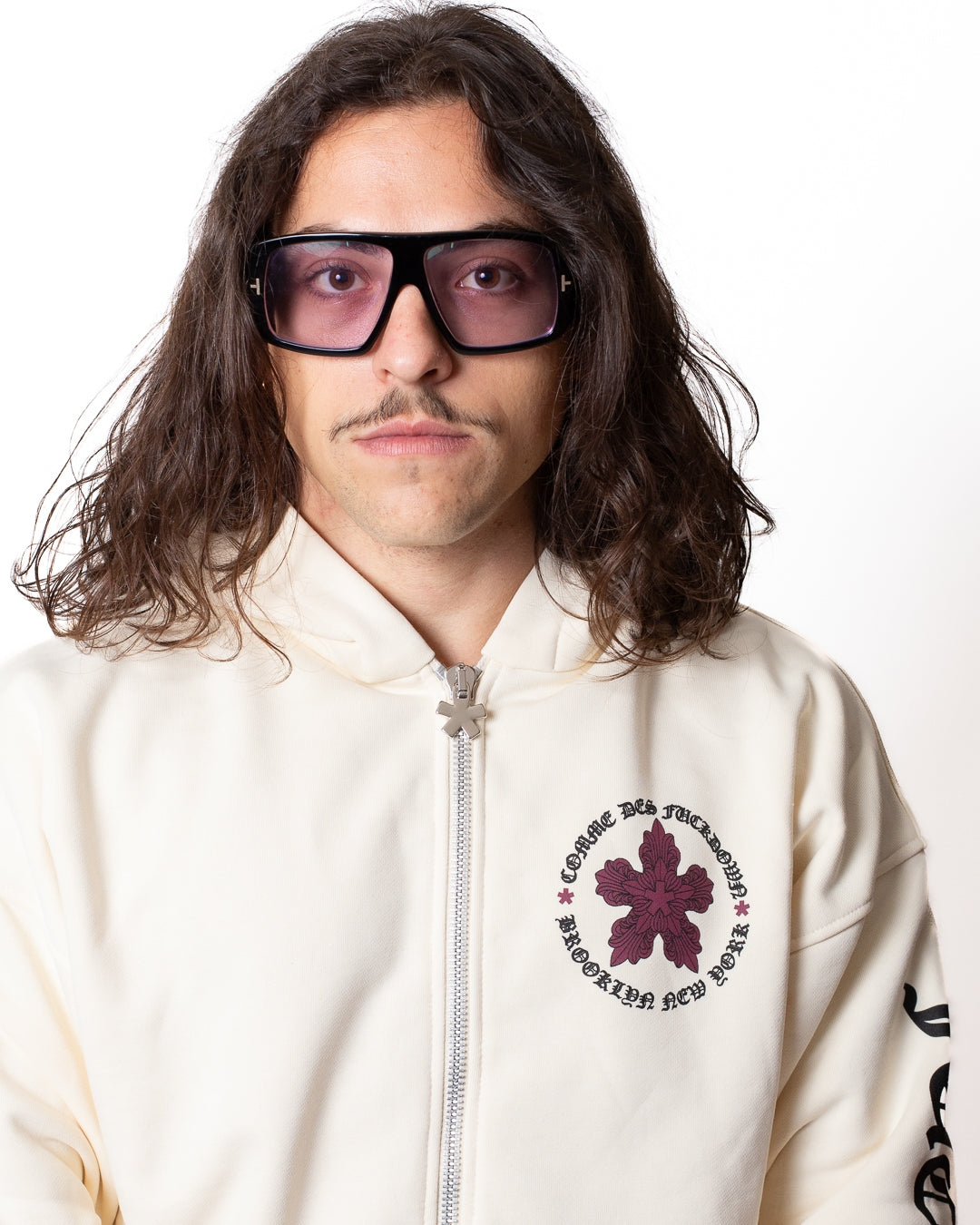 Felpa Comme des Fuckdown fullzip con cappuccio e stampa gothic uomo