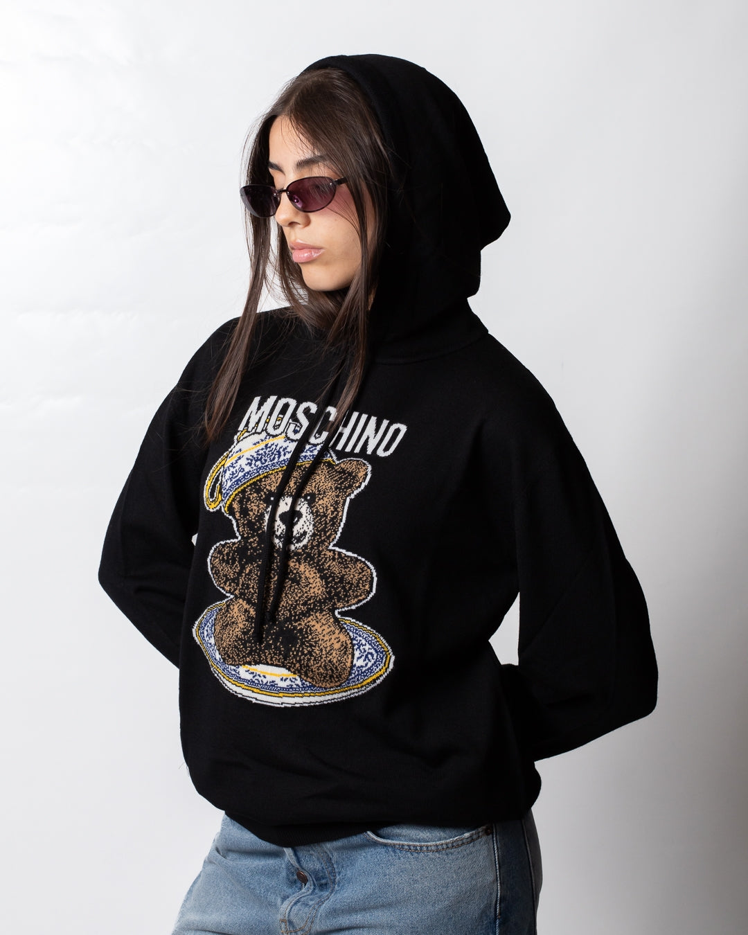 Maglia Moschino in lana con cappuccio e logo Teddy Bear
