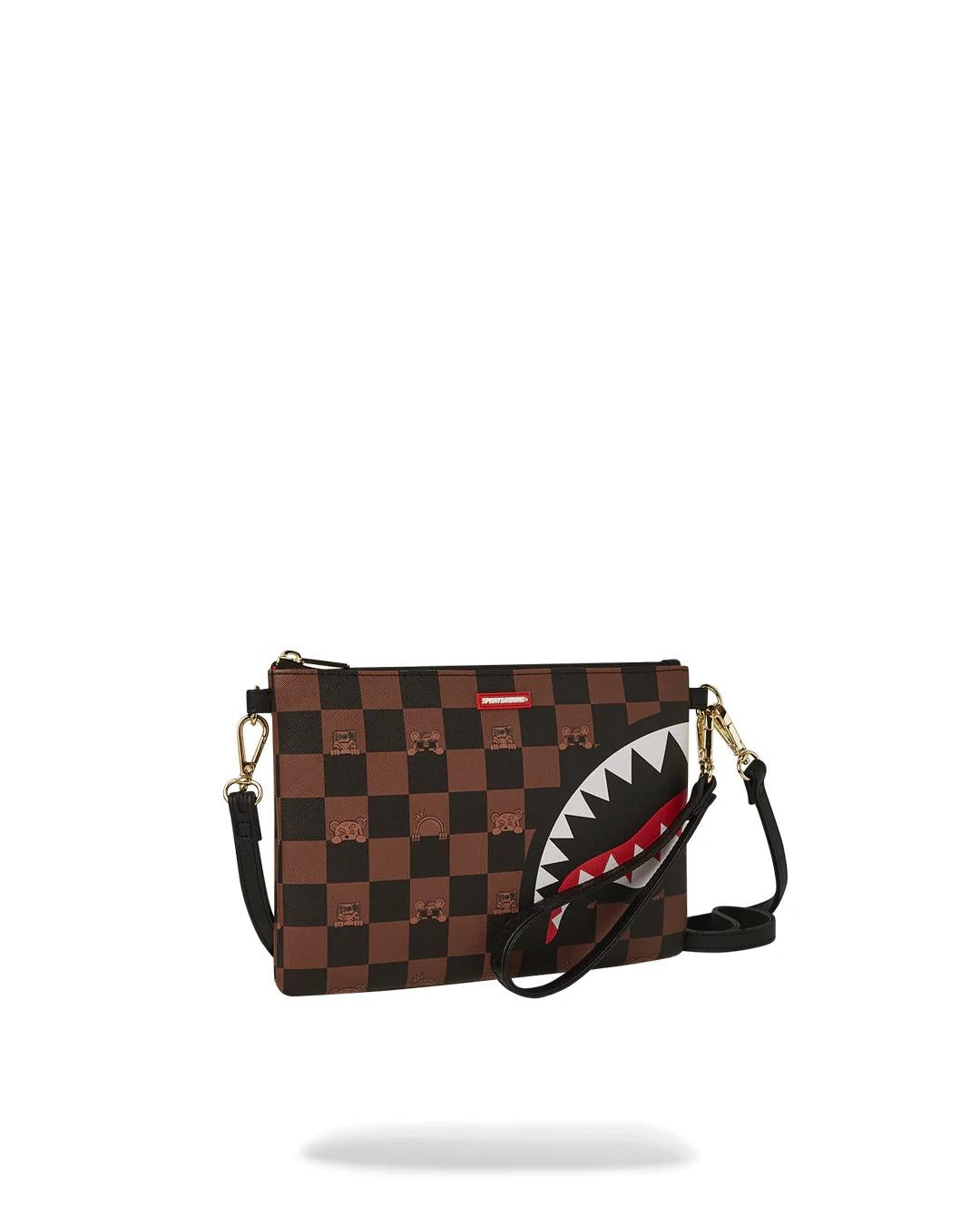Pochette Sprayground marrone peeking character check clutch con tracolla