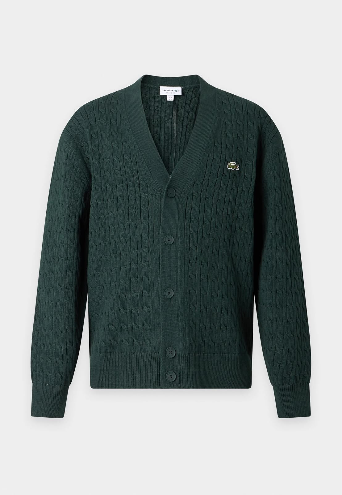Cardigan Lacoste treccia inglese con logo ricamato e maxi logo sul retro