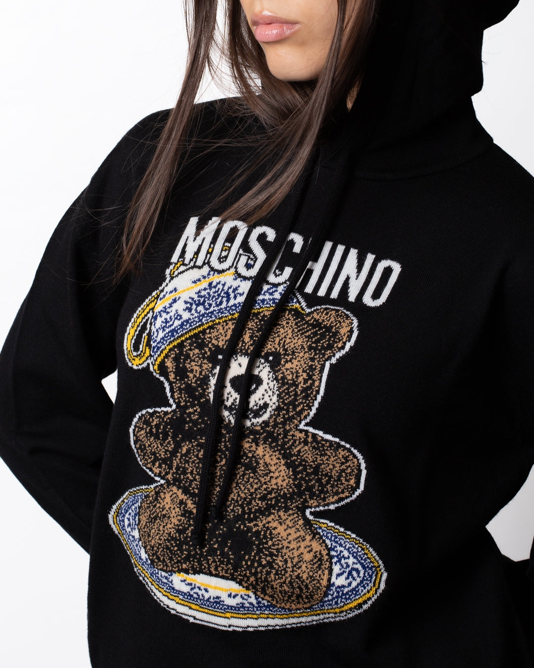 Maglia Moschino in lana con cappuccio e logo Teddy Bear