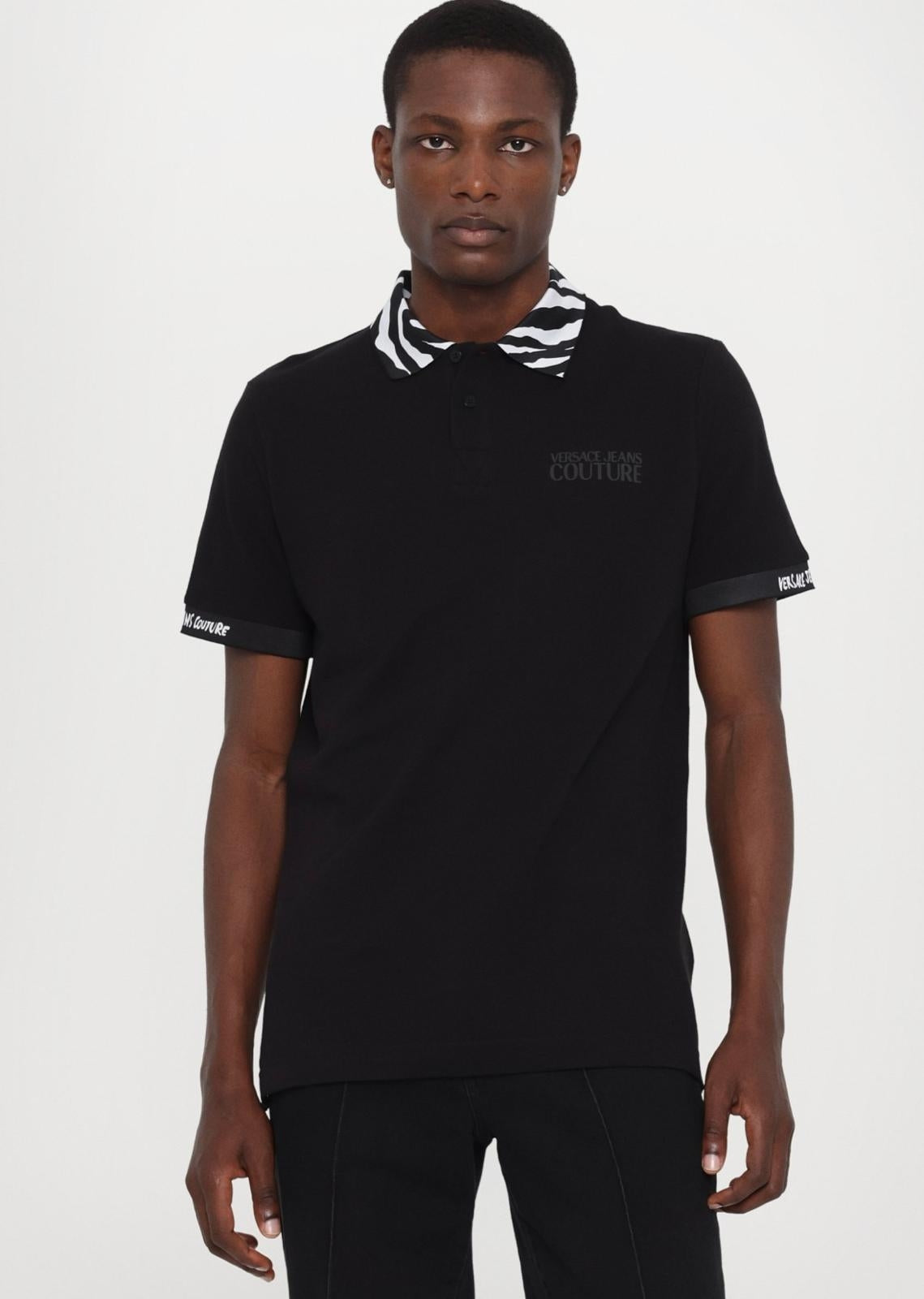 Polo Versace Jeans Couture in pique con logo sul petto e colletto fantasia uomo