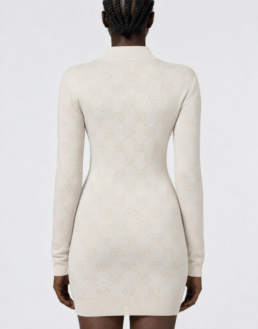 Abito Philipp Plein "Merino Wool Turtle Neck Mini Dress Jacquard Monogram