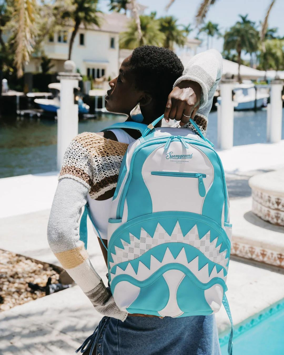 Zaino Sprayground bianco Shark central blue and white color dlxsv backpack