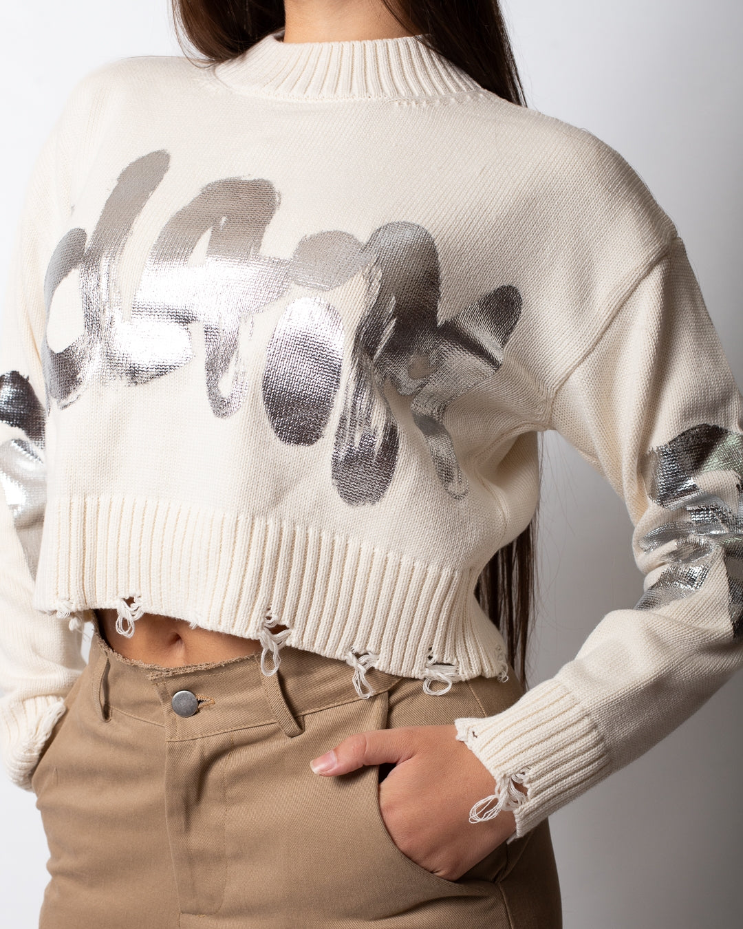 Maglia Disclaimer girocollo cropped con stampa donna