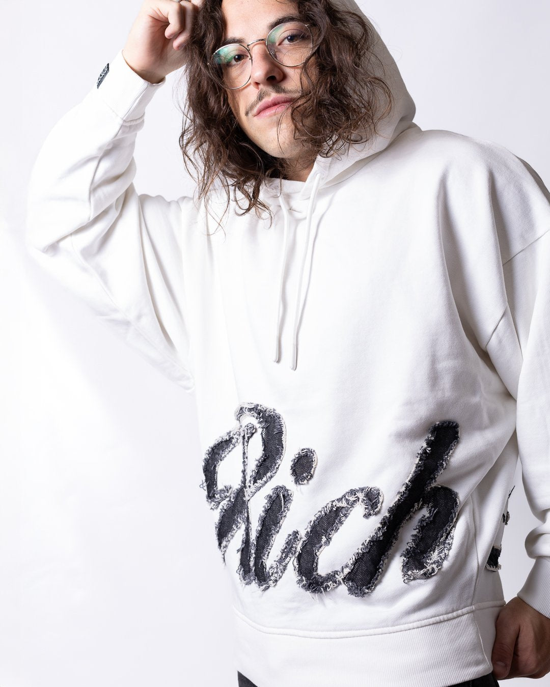 Felpa Richmond X con cappuccio e logo "Richmond" in denim effetto taglio vivo