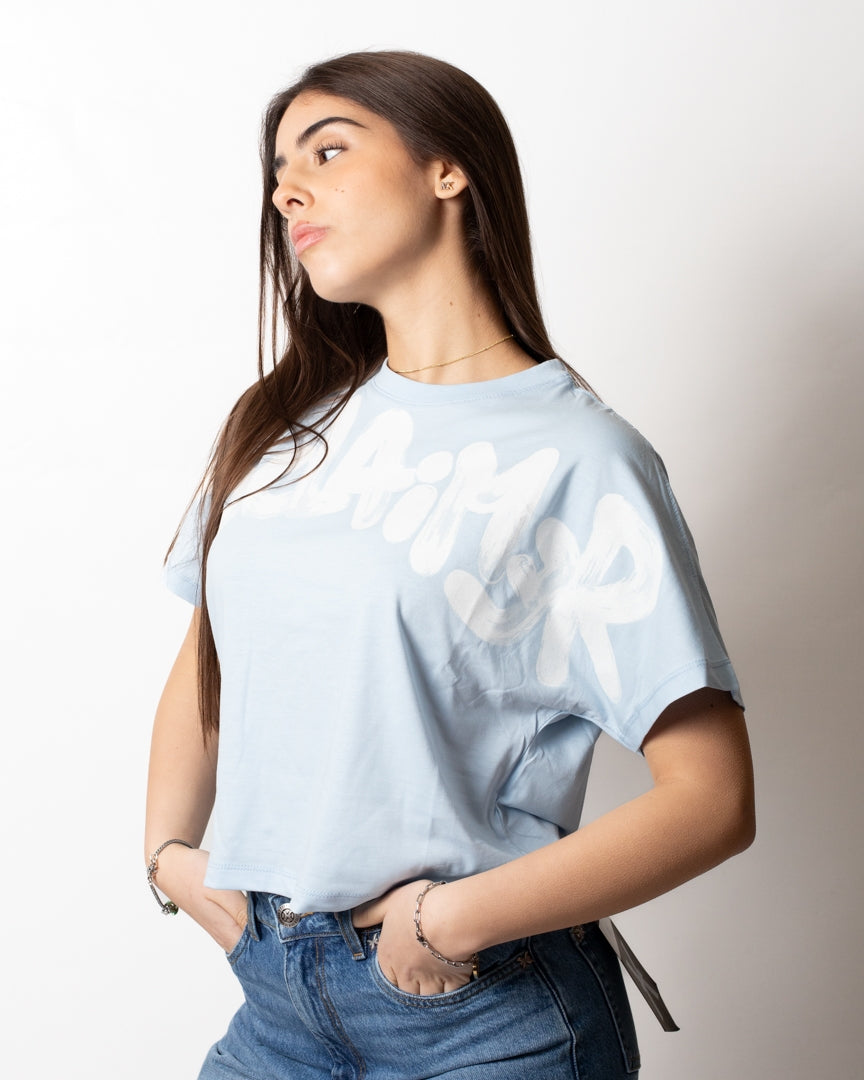 T-Shirt Disclaimer cropped con logo glitter donna