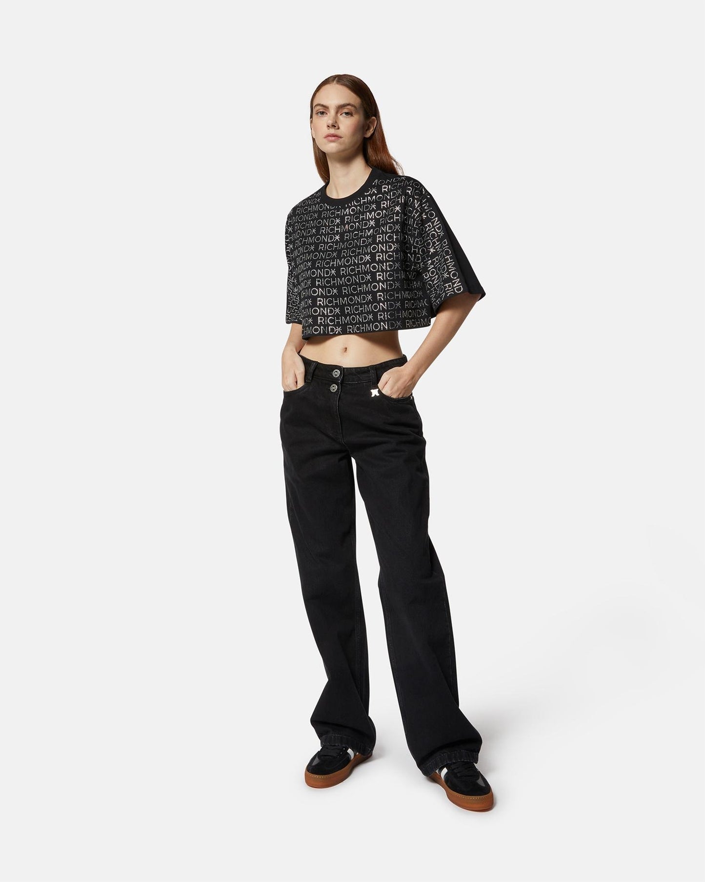 T-Shirt Richmond X cropped con logo strass all-over donna