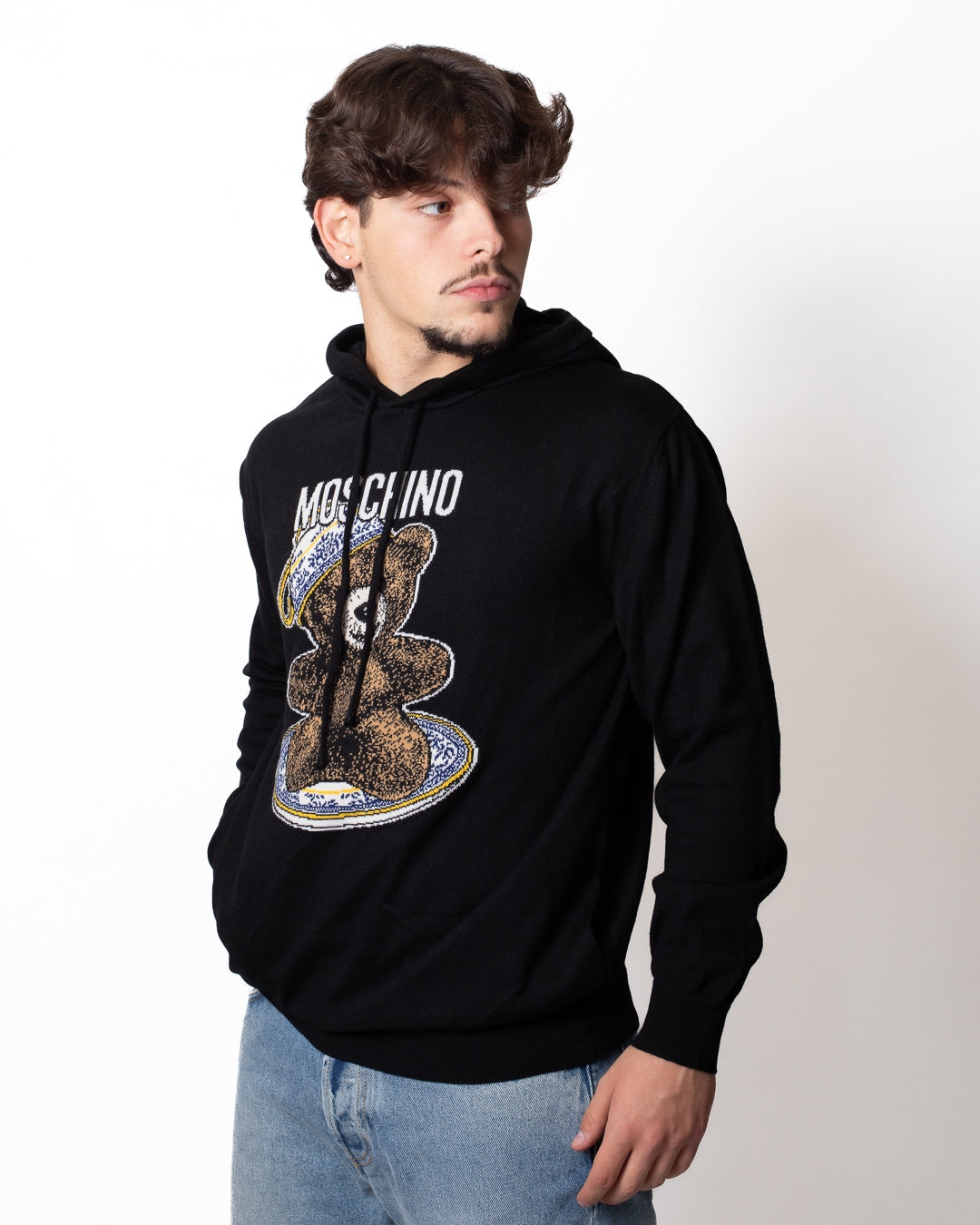 Maglia Moschino in lana con cappuccio e logo Teddy Bear
