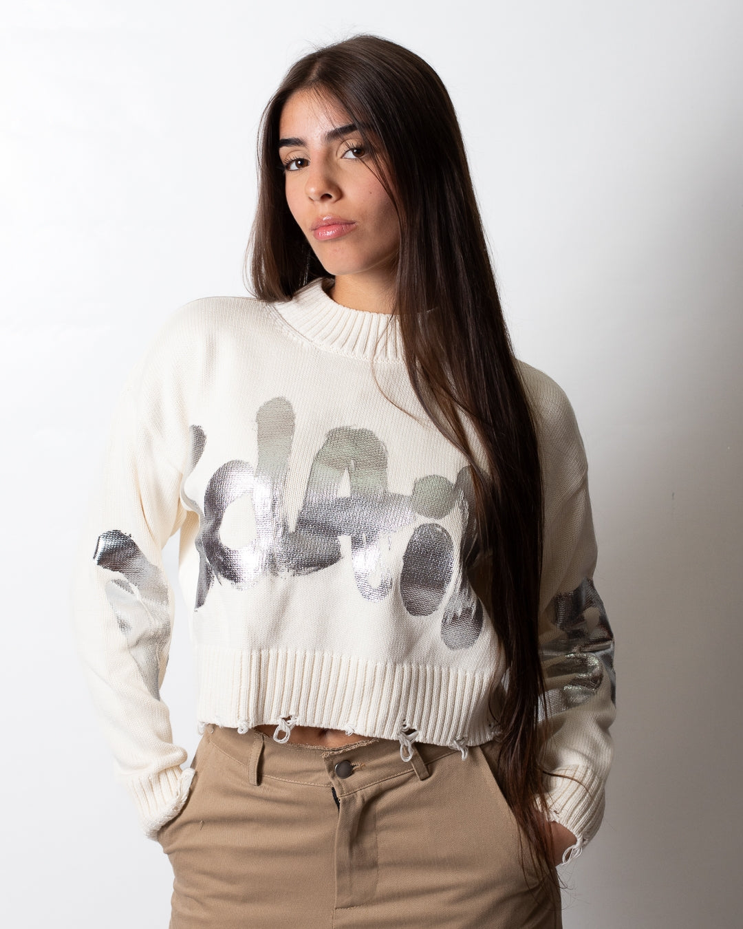 Maglia Disclaimer girocollo cropped con stampa donna