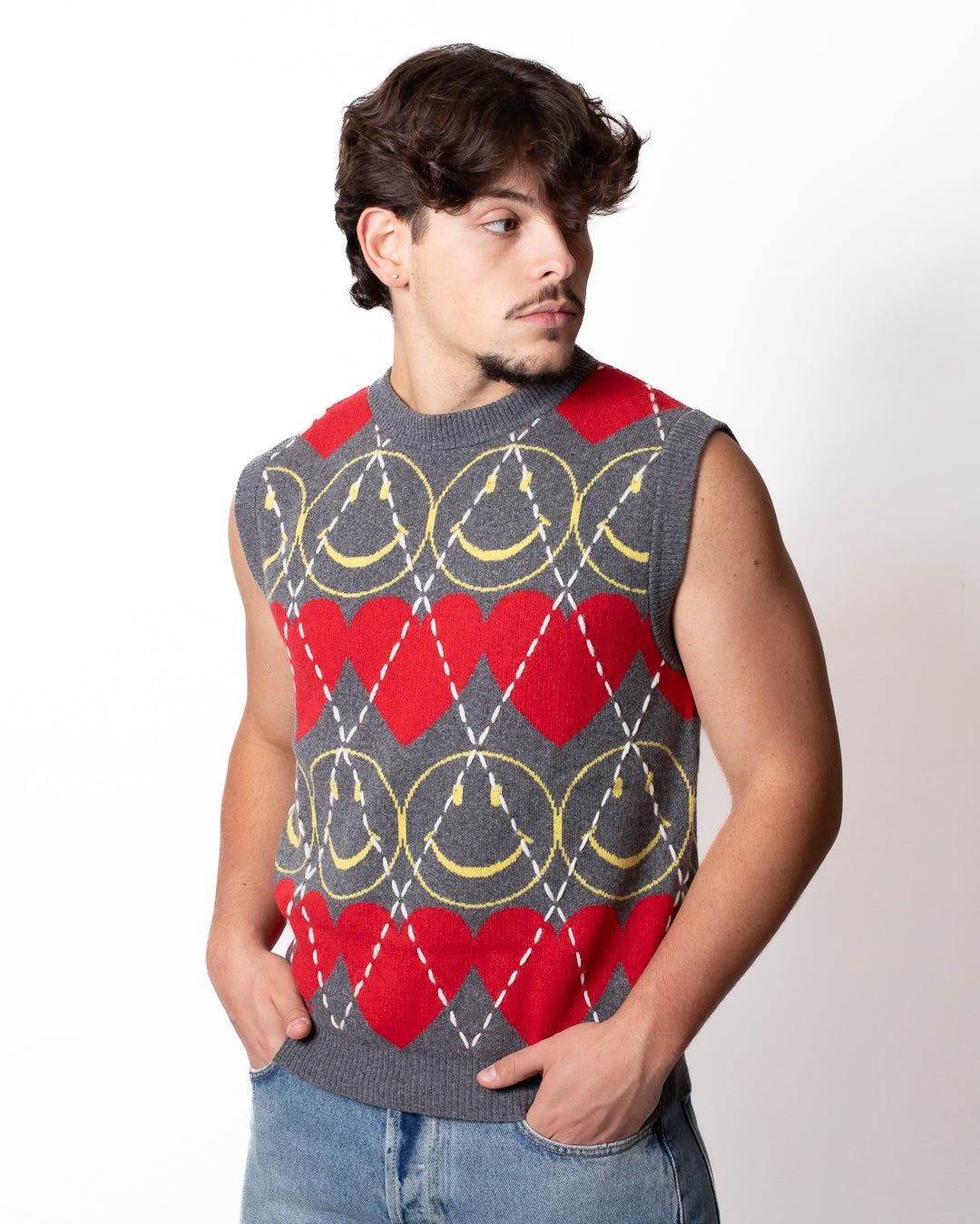 Gilet Moschino "Smiley Capsule" girocollo con ricami all-over