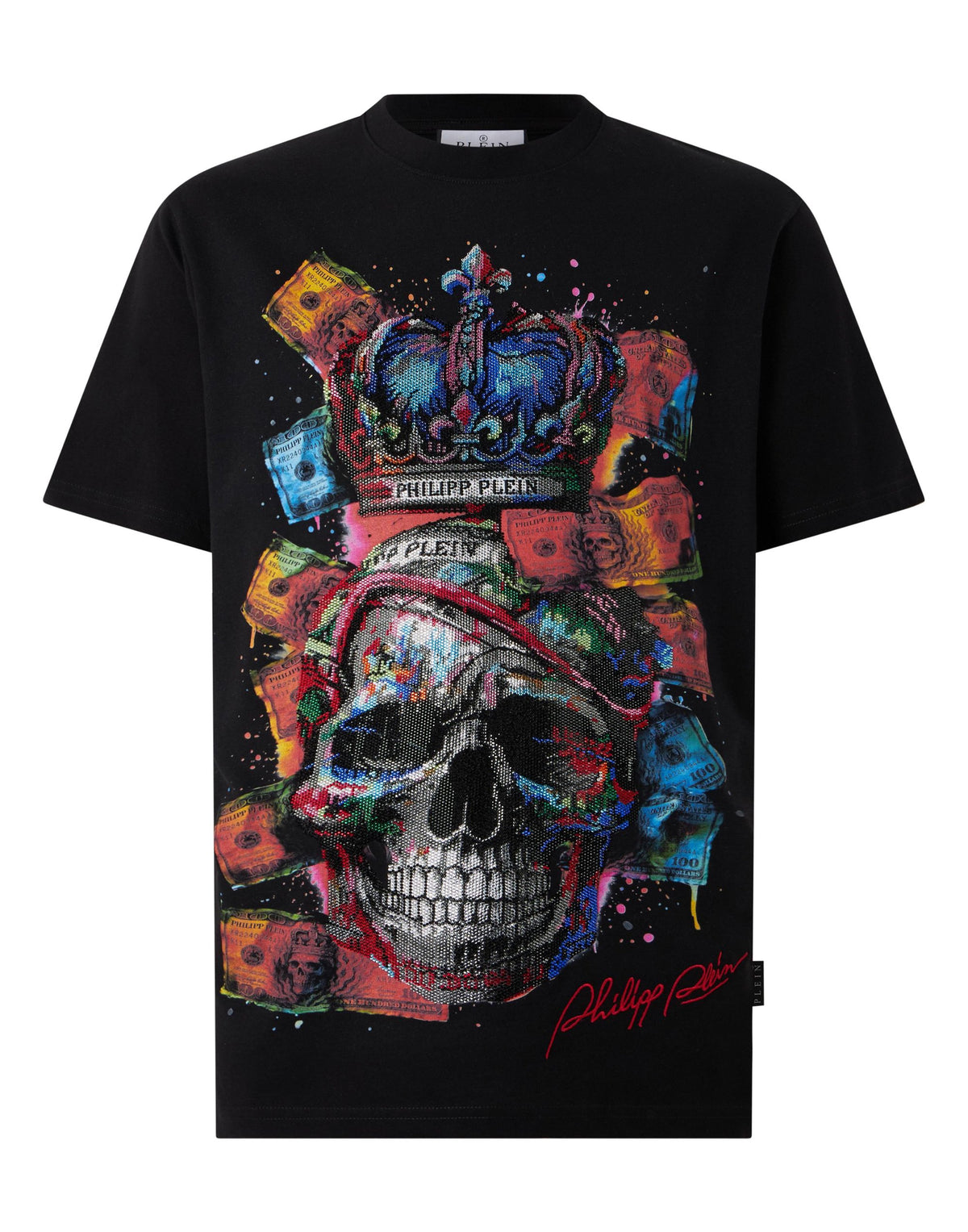 T-shirt Philipp Plein "Multicolor Dollar Skull" con cristalli sul fronte