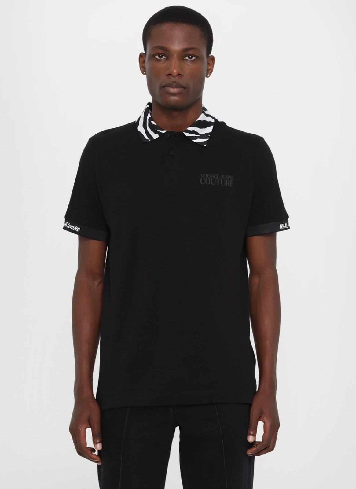 Polo Versace Jeans Couture in pique con logo sul petto e colletto fantasia uomo