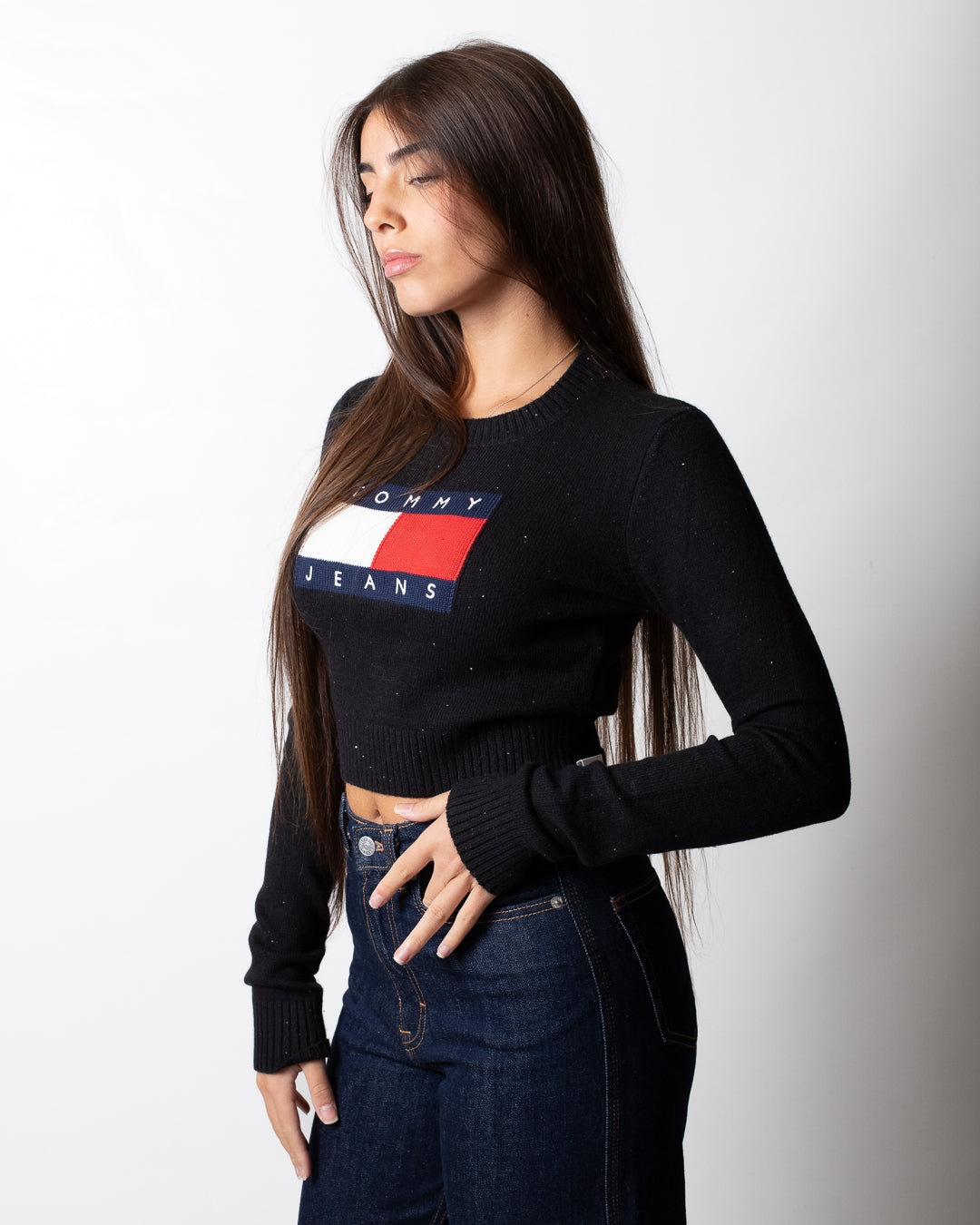 Maglia Tommy Jeans girocollo cropped "Sparkle Flag" donna