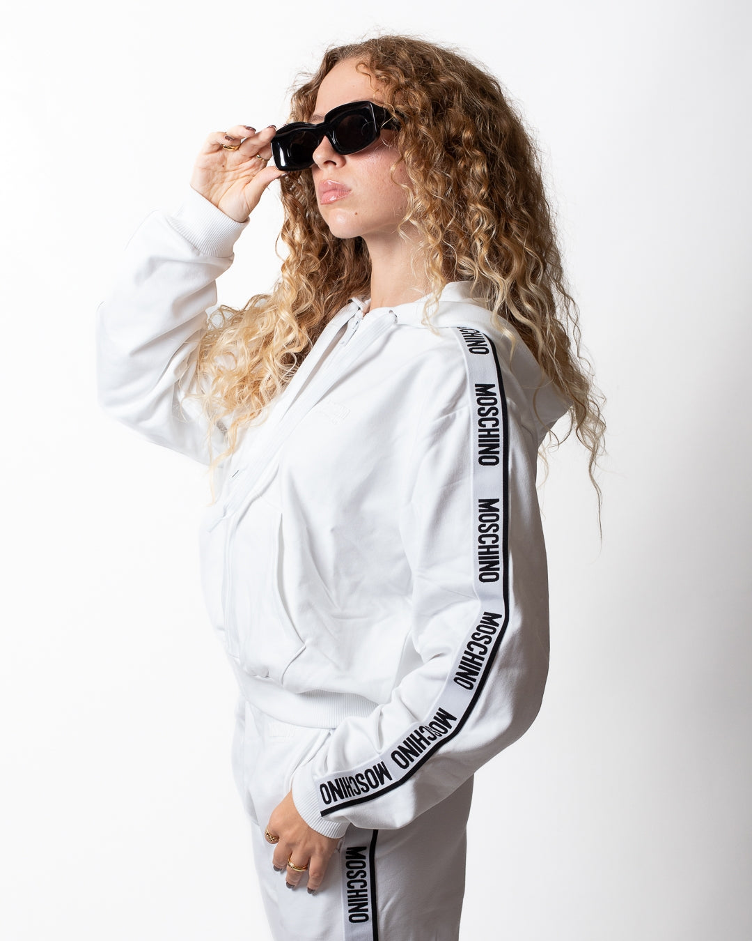 Felpa Moschino Underwear fullzip con cappuccio e fasce logate donna