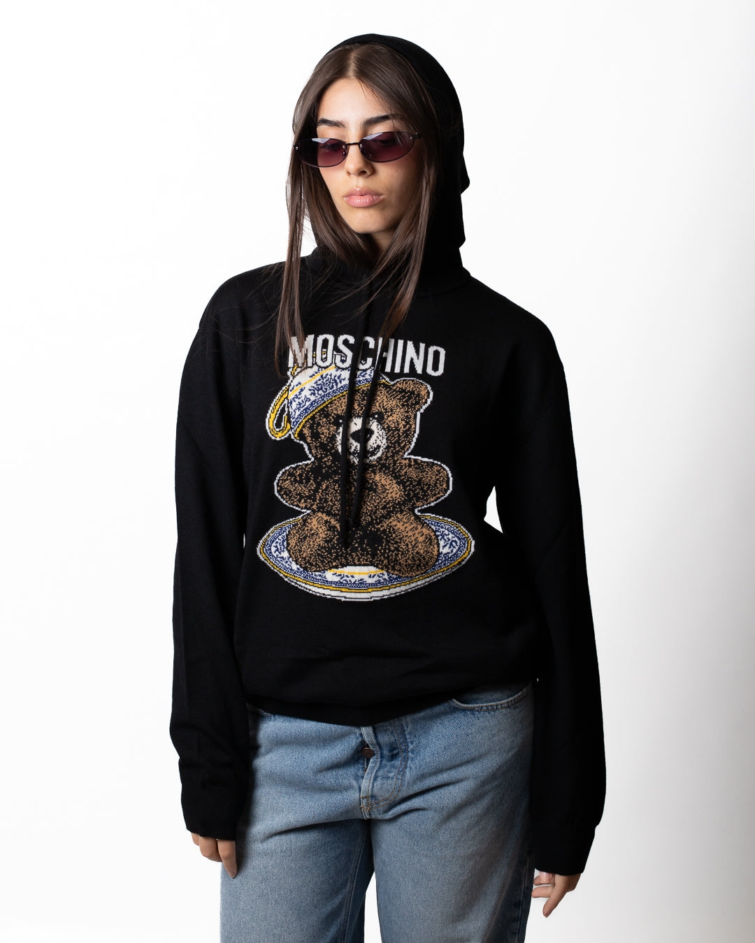 Maglia Moschino in lana con cappuccio e logo Teddy Bear