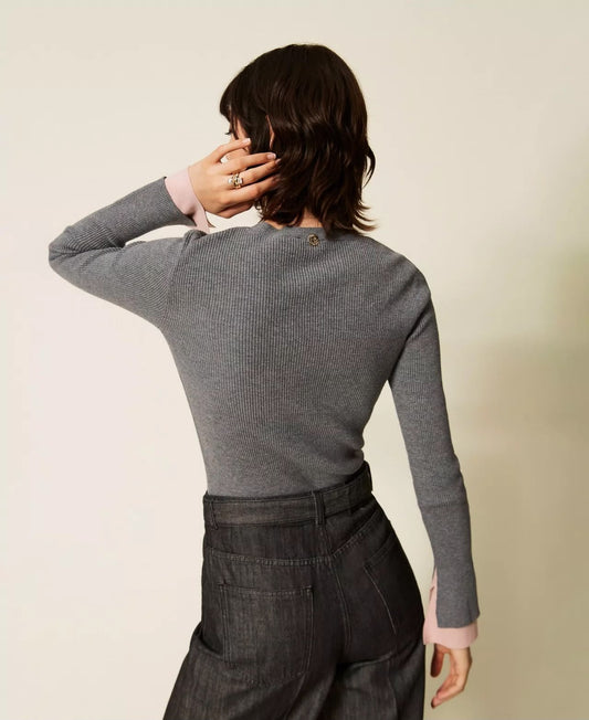 Maglia Twinset Actitude in costina con polsini a contrasto donna