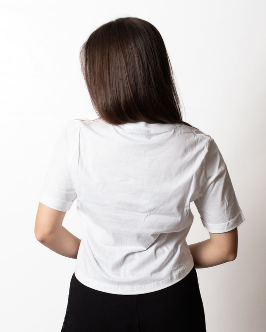 T-Shirt Disclaimer cropped con logo strass donna