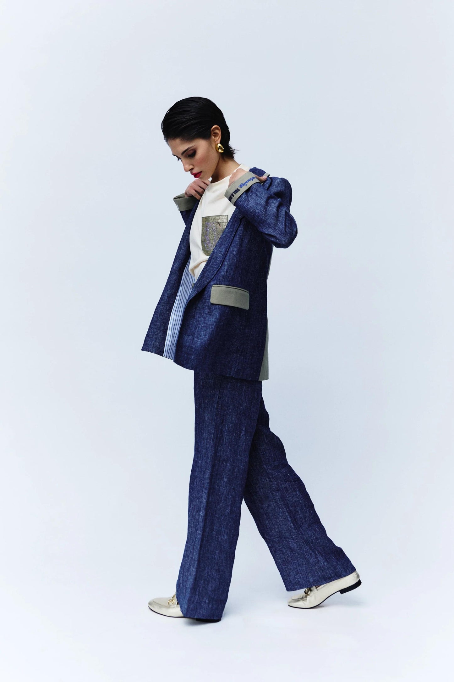 Giacca blazer Nenette monopetto in lino effetto denim donna