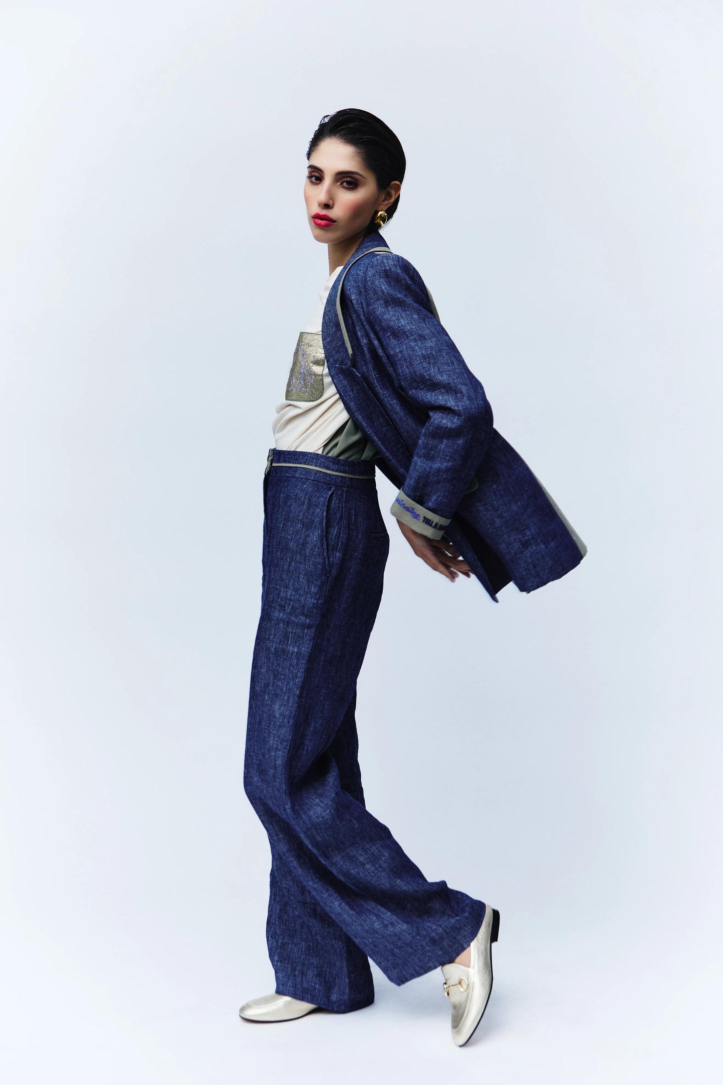 Giacca blazer Nenette monopetto in lino effetto denim donna