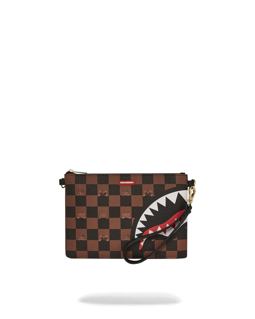 Pochette Sprayground marrone peeking character check clutch con tracolla