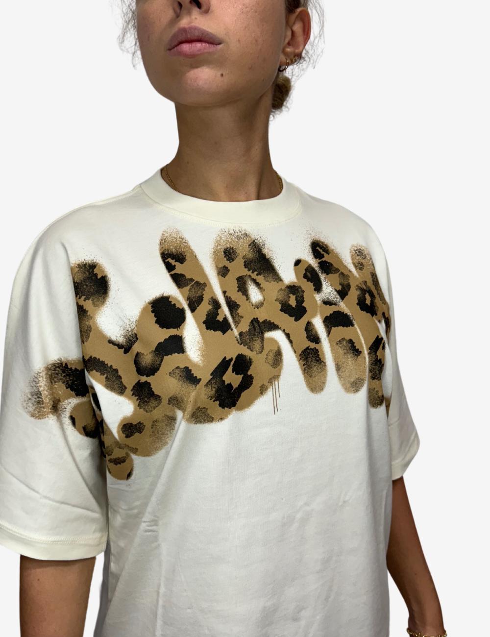 T-Shirt Disclaimer girocollo con logo leopardato donna