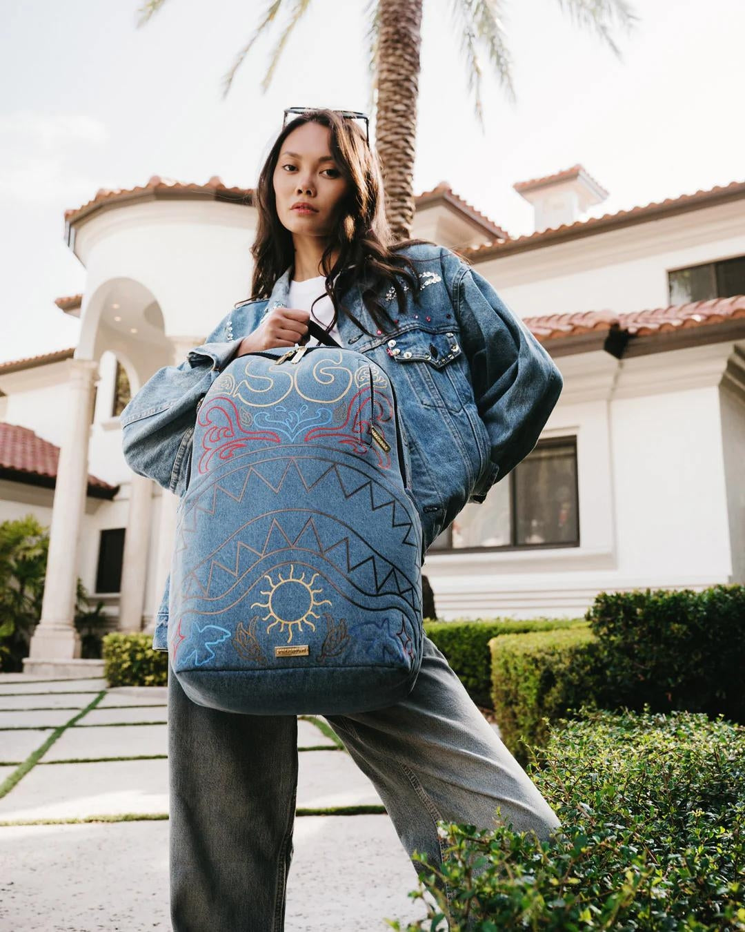 Zaino Sprayground denim Metallic printed denim shark dlxsv backpack