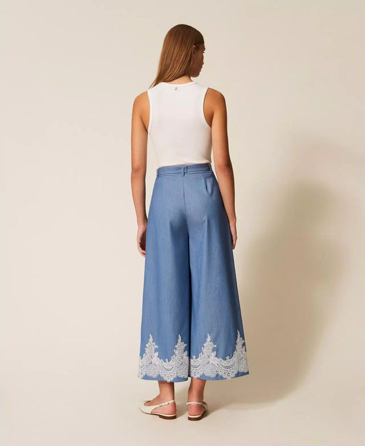 Pantalone Twinset Actitude a palazzo con pizzo e cintura donna
