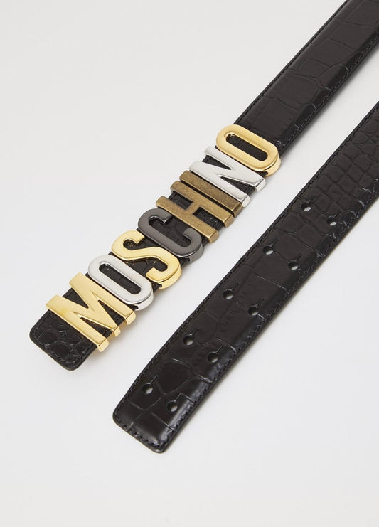 Cinta Moschino in coccodrillo con placca logata