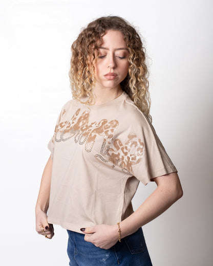 T-Shirt Disclaimer cropped con logo animalier e strass donna