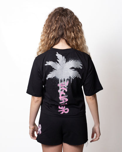 T-Shirt Disclaimer cropped con stampa e logo glitter donna