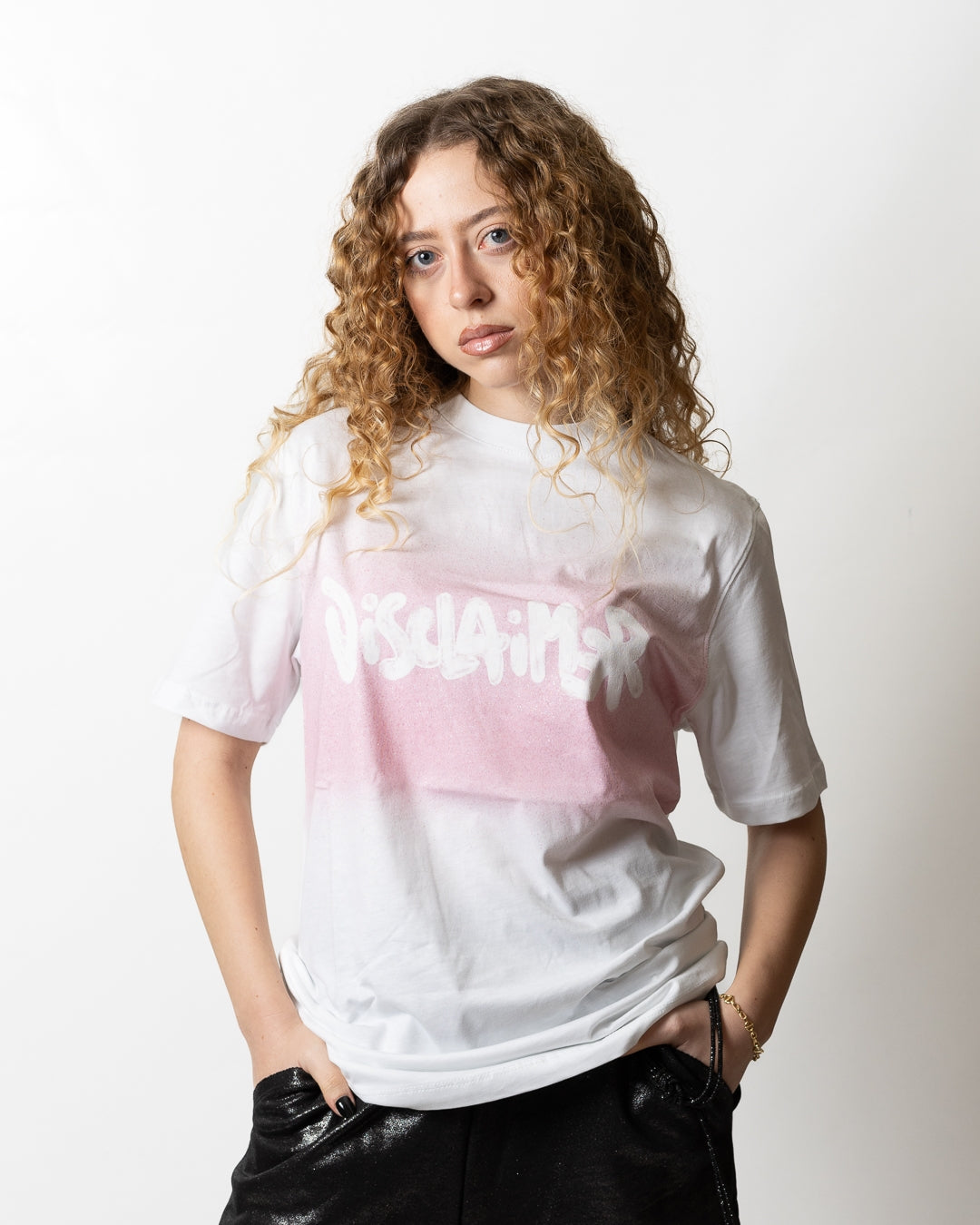 T-Shirt Disclaimer con stampa e glitter donna
