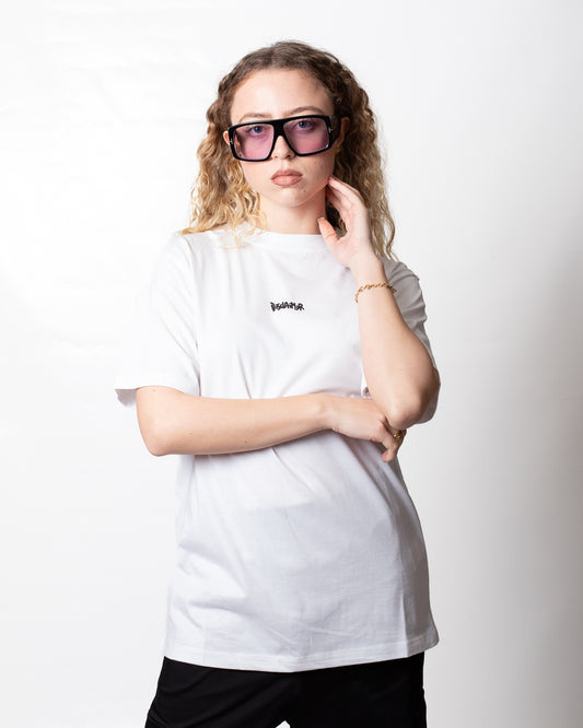 T-Shirt Disclaimer con stampa brillantinata donna