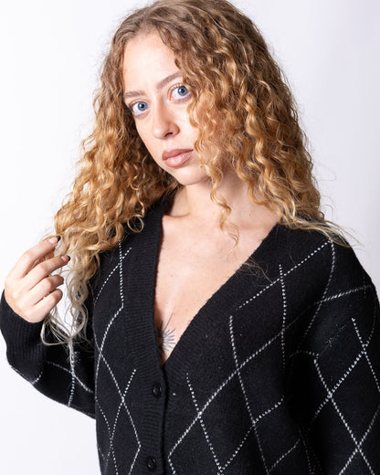 Cardigan Richmond X in maglia con rombi "argyle" e dettaglio sfilacciato sul fondo
