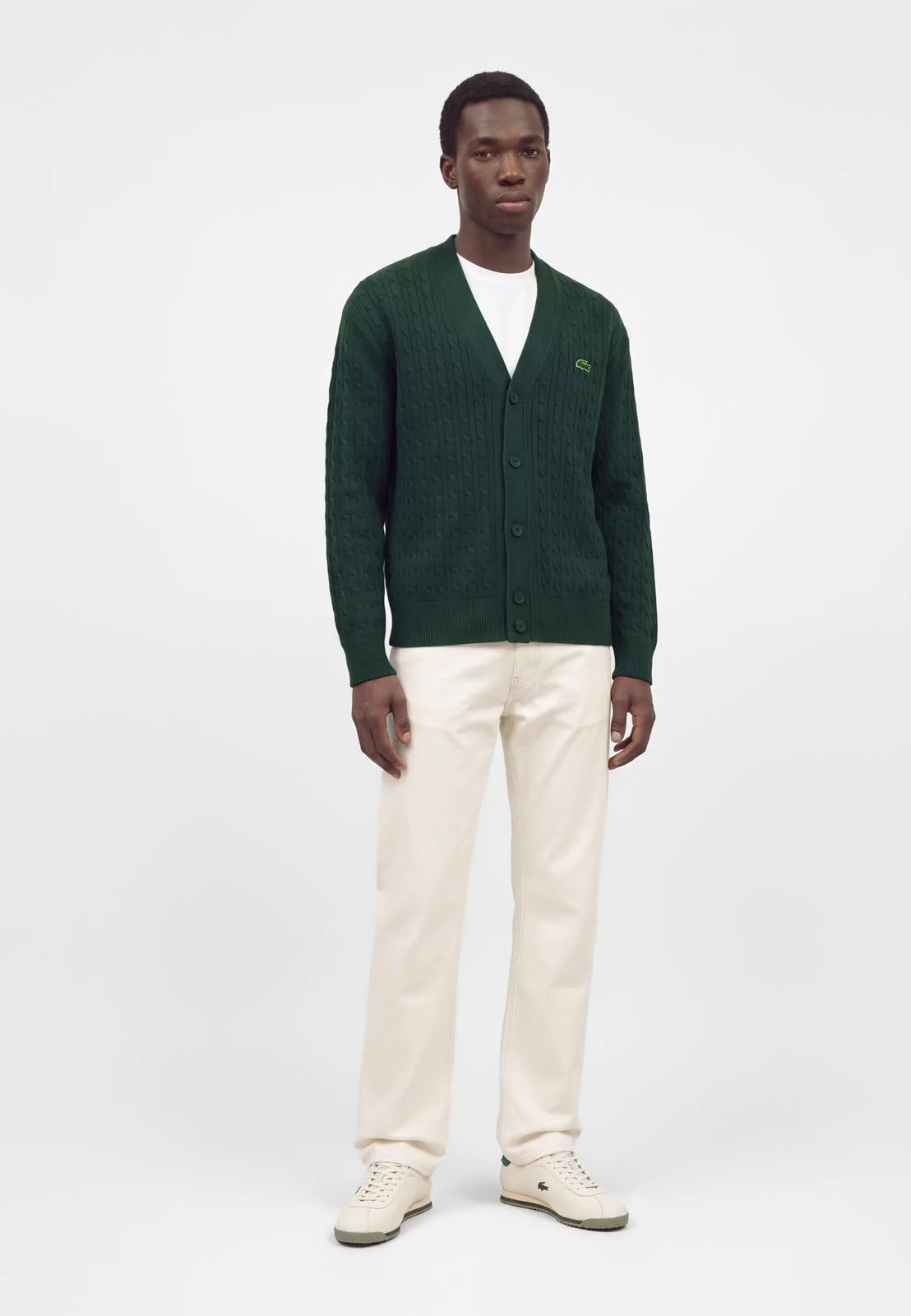 Cardigan Lacoste treccia inglese con logo ricamato e maxi logo sul retro