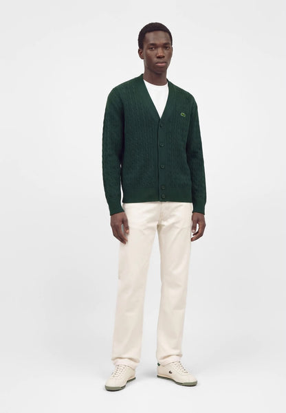 Cardigan Lacoste treccia inglese con logo ricamato e maxi logo sul retro