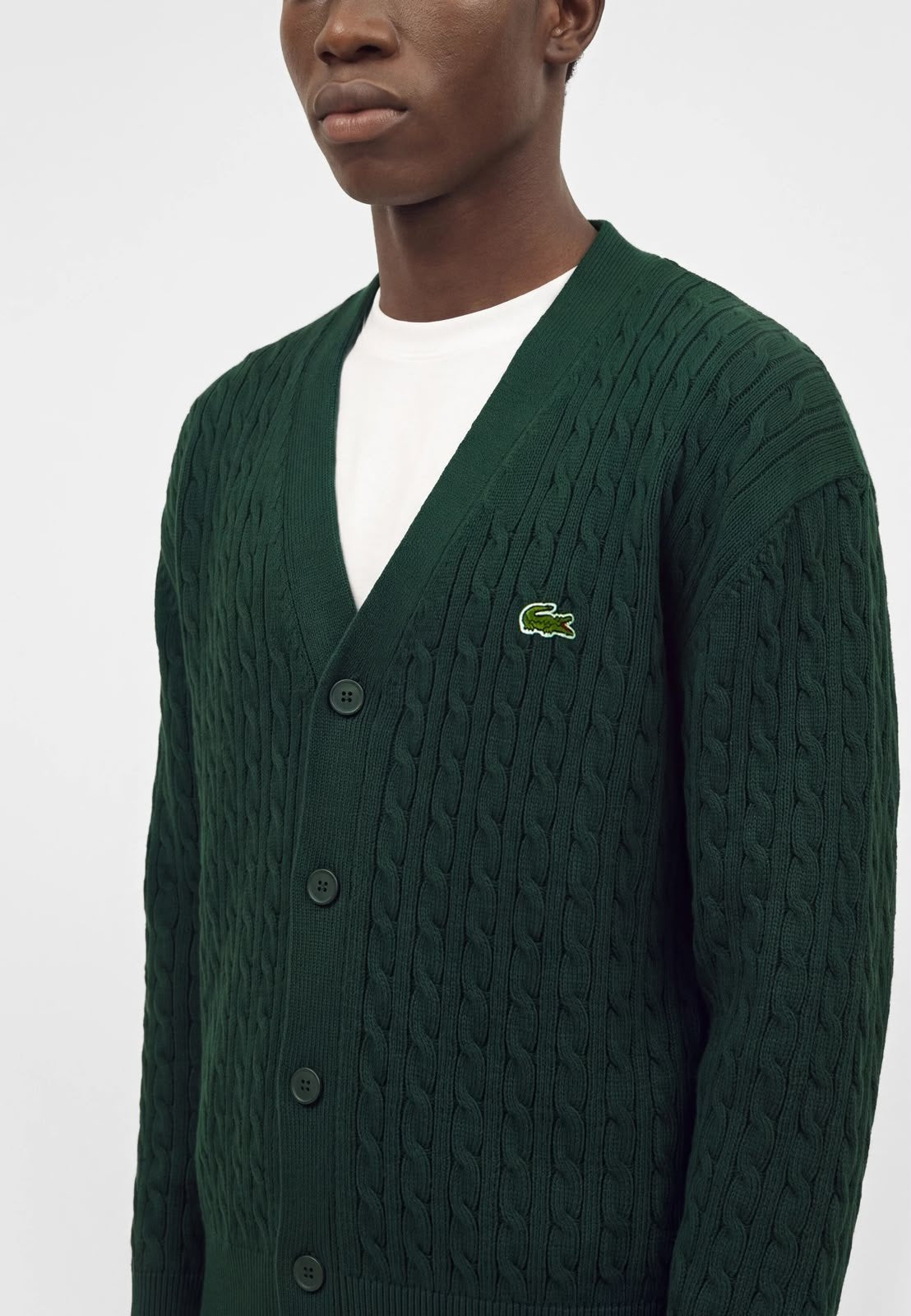 Cardigan Lacoste treccia inglese con logo ricamato e maxi logo sul retro