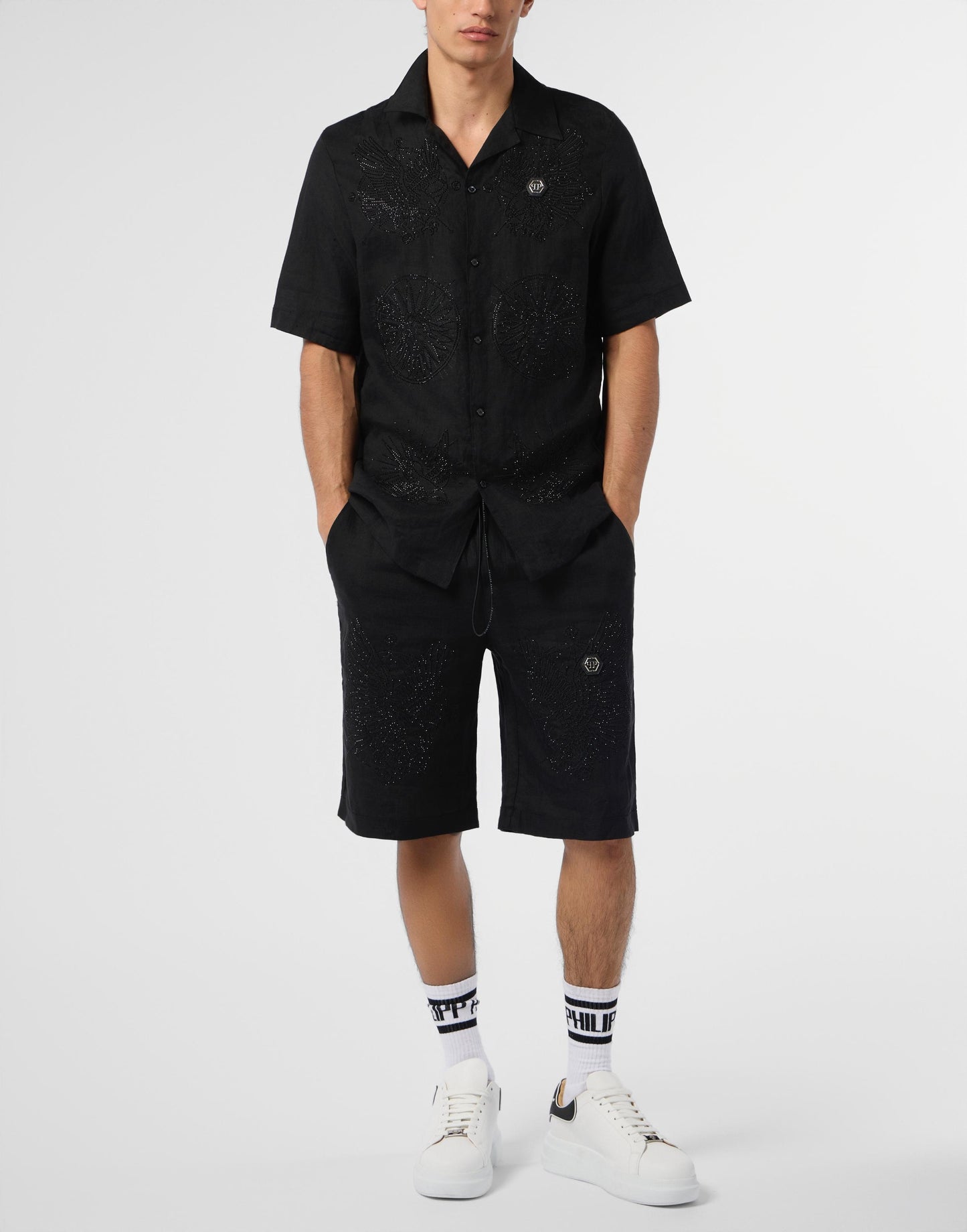 Camicia Philipp Plein manica corta in lino con logo tattoo e applicazione di strass