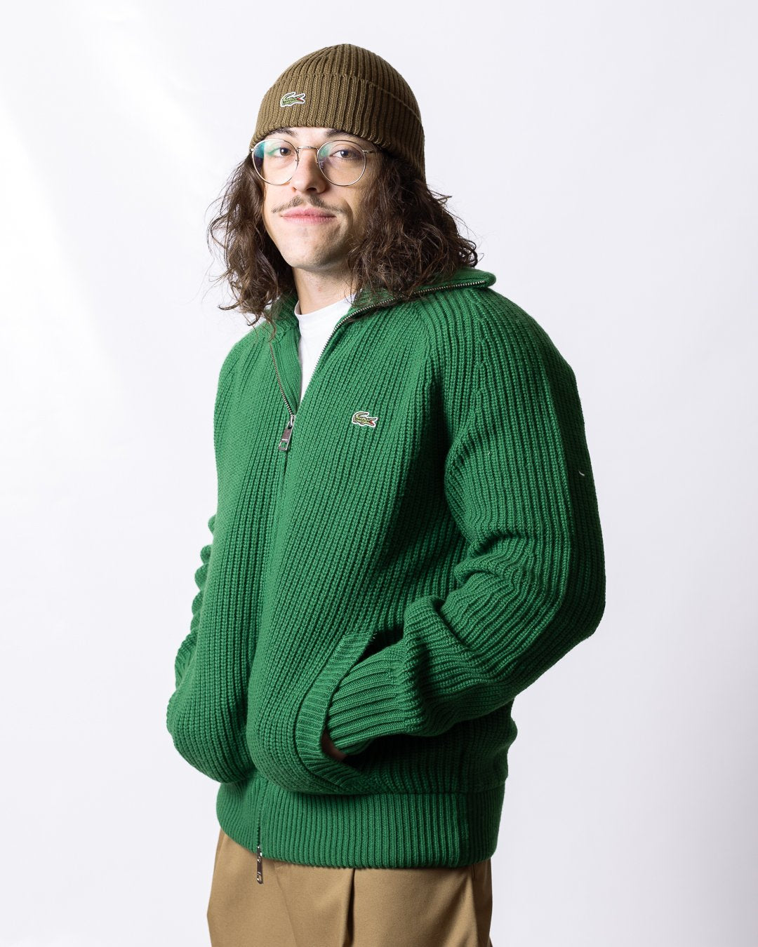 Maglia Lacoste fullzip a collo alto in lana con costine uomo