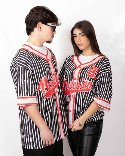 T-Shirt Moschino girocollo con stampa camicia da baseball 