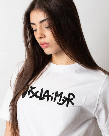 T-Shirt Disclaimer cropped con logo strass donna