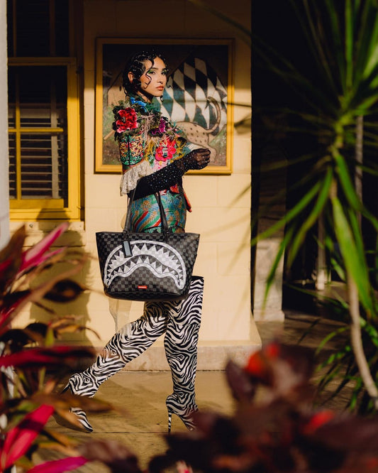 Borsa Sprayground nero BLACK AND WHITE DRIP CHECK SHARK TOTE