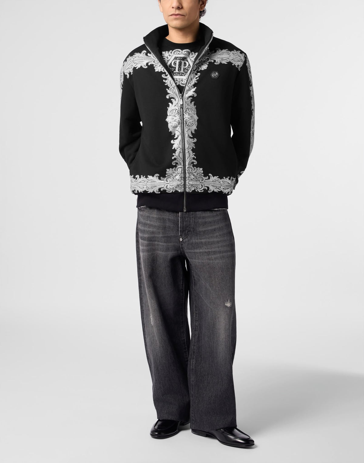 Felpa Philipp Plein "Baroque Stones" full zip con cristalli e stampa