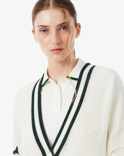 Cardigan Lacoste in lana con logo gommato e profili a contrasto