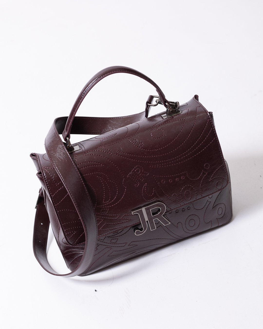 Borsa John Richmond con logo "JR" in pelle dalla finitura lucida e grafica in ricamo
